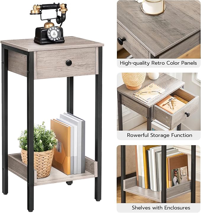 HOOBRO Tall End Table, Nightstand, Industrial Side Table with Drawer and Storage Shelf, for Study, Bedroom, Space Saving, Greige and Black BG71BZ01