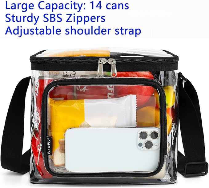 FlowFly Insulated Reusable Lunch Bag Adult Large Lunch Box for Women and Men with Adjustable Shoulder Strap,Front Zipper Pocket and Dual Large Mesh Side Pockets, Clear-NeatNest