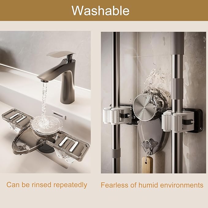 Broom Hanger Mop Hanger, Wall Mount Mop Grippers, No Punching Required Broom Hanger Organizer for Bathroom, Kitchen, Laundry Room, Home Garden, Garage Storage and Organization Rack (Transparent)