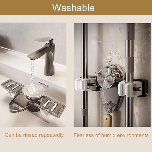 Broom Hanger Mop Hanger, Wall Mount Mop Grippers, No Punching Required Broom Hanger Organizer for Bathroom, Kitchen, Laundry Room, Home Garden, Garage Storage and Organization Rack (Transparent)-NeatNest