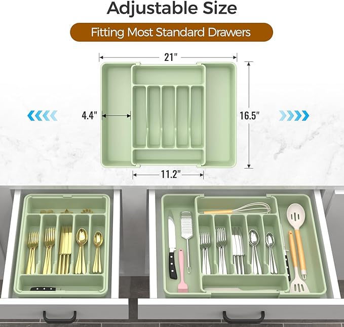 Extra Large Expandable Silverware Organizer, BPA-Free Food-Safe Cutlery Flatware Organizer, Kitchen Utensil Drawer Organizer, Adjustable Silverware Holder for Spoons Forks Knives, Green-NeatNest