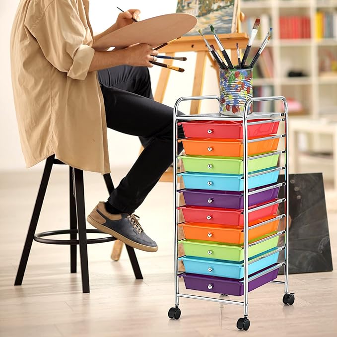 COSTWAY 10-Drawer Rolling Storage Cart, Utility Mobile Trolley with Removable Drawers & Universal Casters & 2 Brakes, Versatile Flexible Drawer Organizer Cart for Home, Office (Multi-Colored)-NeatNest