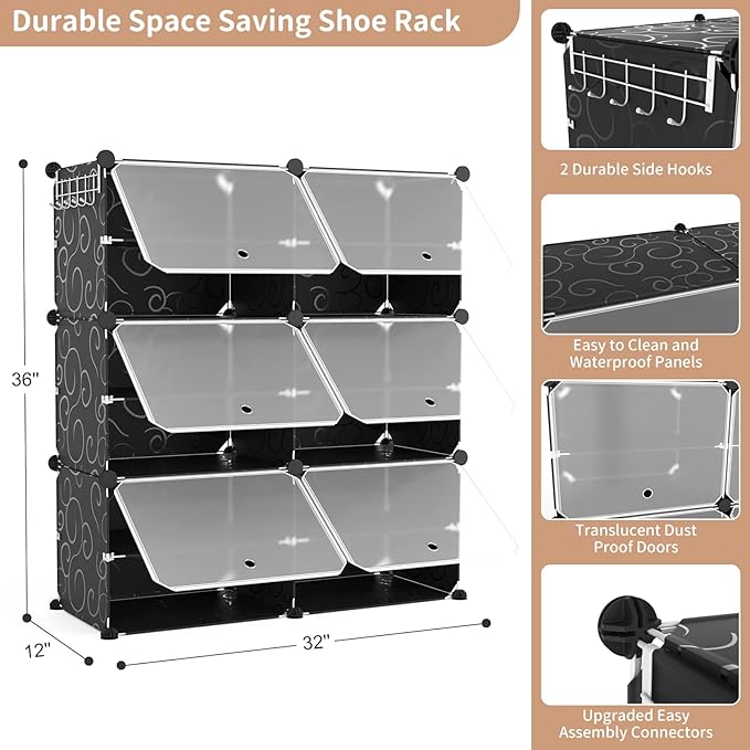 ROJASOP Portable Shoe Rack Organizer 6-Tier Shoe Cabinet 24-Pair shoe Storage Expandable Free Standing Stackable Space Shoe Rack with 2 exclusive Versatile Hooks for Bedroom Black-NeatNest