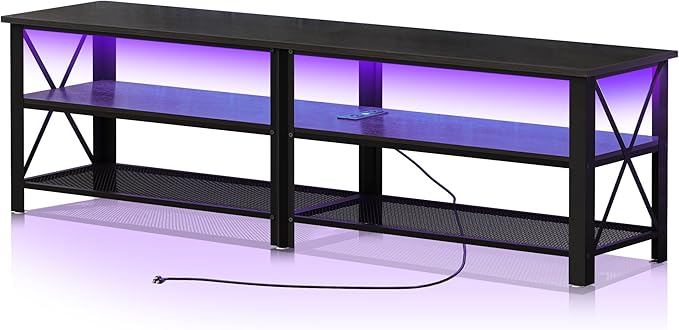 Clikuutory Modern Black 71 inch Metal TV Stand with LED Lights and Power Outlets for 50 60 65 70 75 80 Inch TVs, 3 Tier Television Stands with Entertainment Center and Storage for Living Room, Bedroom-NeatNest