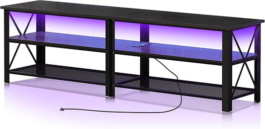 Clikuutory Modern Black 71 inch Metal TV Stand with LED Lights and Power Outlets for 50 60 65 70 75 80 Inch TVs, 3 Tier Television Stands with Entertainment Center and Storage for Living Room, Bedroom-NeatNest
