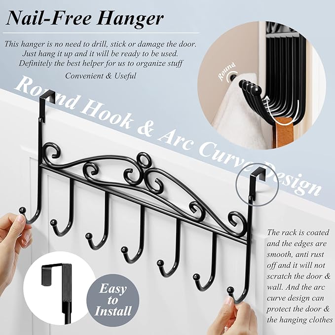 Over The Door Hook - Towel Rack & Coat Rack Hanger, Behind Bathroom Door, 2 Pieces 7 Hooks (Black)