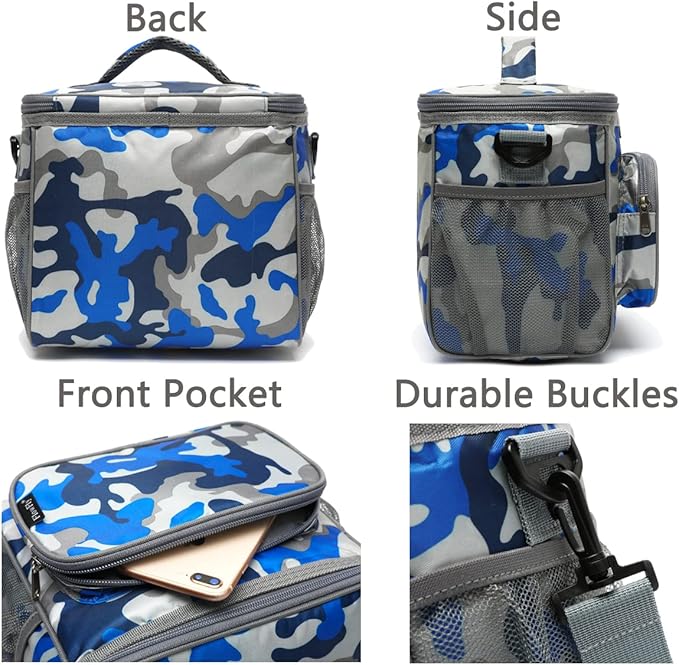 FlowFly Insulated Reusable Lunch Bag Adult Large Lunch Box for Women and Men with Adjustable Shoulder Strap,Front Zipper Pocket and Dual Large Mesh Side Pockets,BlueCamo-NeatNest