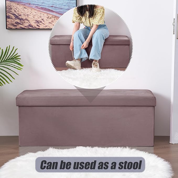 BRIAN & DANY 43 Inches Folding Storage Ottoman Bench, Velvet Ottoman with Storage for Living Room, Long Shoes Bench,Flannelette Footrest Benches Seat (Light Purple)-NeatNest