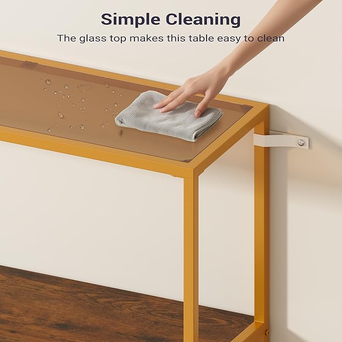 Console Sofa Table, 52" Modern Entryway Table, 2-Tier Open Shelf with Tempered Glass, Metal Frame Behind Couch Table with Gold Metal Frame for Living Room Hallway Entrance, Brown-NeatNest