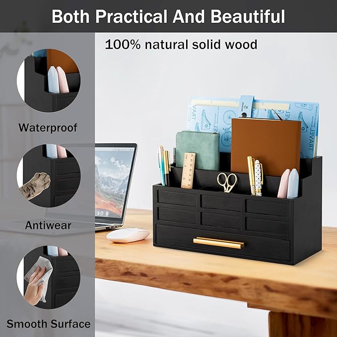 Black Wood Desk Organizer and Accessories with Drawer, Bill Mail Organizer and File Mail Holder for Office Supplies, Rustic Desk Accessories & Workspace Organizers for Desk Organization-NeatNest