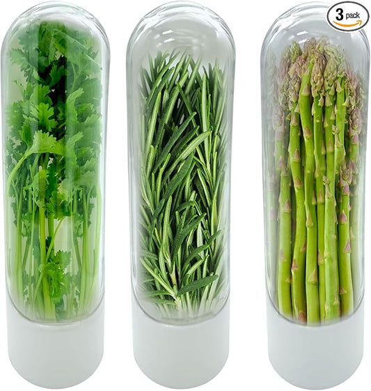 Herb Keeper for Refrigerator Set of 3 – Compact Herb Saver with Built-in Ventilation, and Water Reservoir – Keeps Herbs Fresh Longer in Fridge or Countertop
