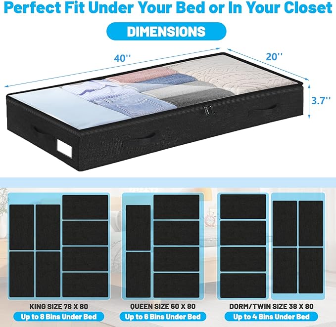 4 Inch Low Profile Under Bed Storage Drawer 4 Pack, Lightweight Underbed Clothes Storage Container Bins with NO STURCTURE, Shallow Storage Bag for Dorm & Home, With Clear Lids and Waterproof Fabric-NeatNest