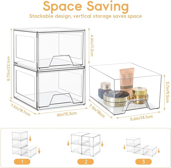 2 Pack Stackable Makeup Organizer, 4.4'' Tall Acrylic Bathroom Organizer and Storage Drawers, Clear Plastic Drawer Storage Bins For Vanity, Undersink, Cabinets, Pantry-NeatNest