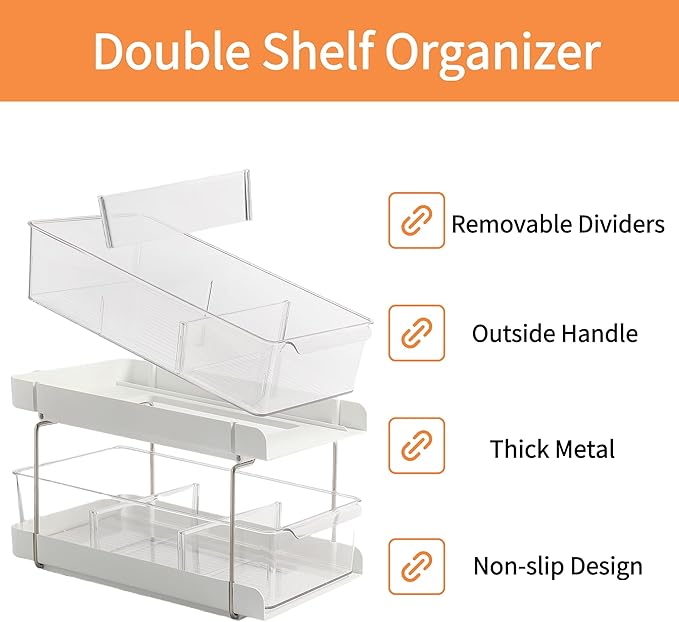 vacane 13" Clear Pull-Out Organizer with Adjustable Dividers - 2-Tier Bathroom & Kitchen Storage Bins for Vanity, Under Sink Cabinets, Pantry