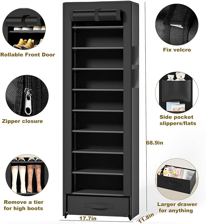Shoes Rack 10 Tier Tall Shoe Rack Narrow Shoe Rack with Storage Box,Fabric Covered Metal Shoe Rack Organizer for Closets-NeatNest