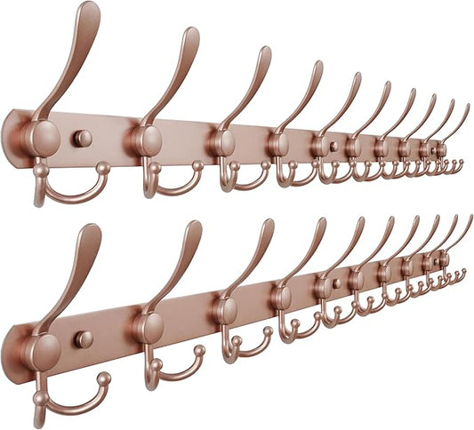 Dseap Coat Rack Wall Mount - 38” Long 10-Tri-Hooks Heavy Duty Coat Hanger Rail Wall Hooks for Hanging Coats Hats Clothing Clothes Purse Mudroom Entryway, Rose Gold, Pack of 2-NeatNest