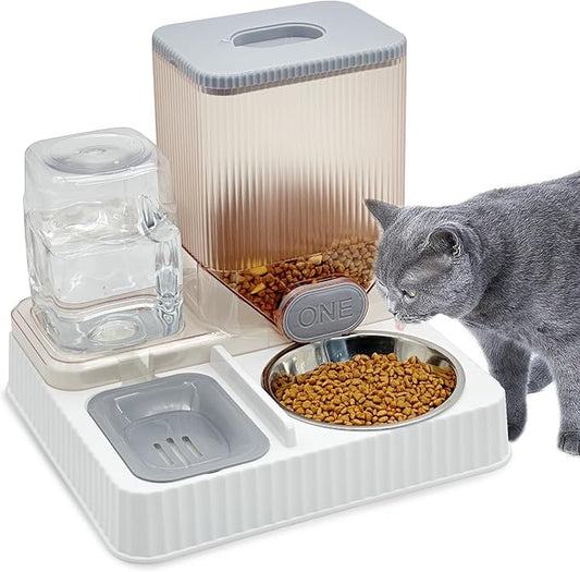 Fhiny Gravity Cat Feeder & Water Dispenser, 2 in 1 Automatic Puppy Waterer Removable Stainless Steel Food Bowls Set Self Feeding Pet Food Storage for Cat Kitten Puppy Easy Clean (Grey)-NeatNest