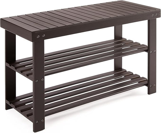 Simple Deluxe Shoe Rack Bench, 3-Tier Bamboo Storage Organizer, 286lb Capacity Entryway Bench for Front Door, Bedroom, Living Room, Bathroom, Balcony, Stylish Shoes Brown (11.3 x 27.6 x 17.8 Inches)