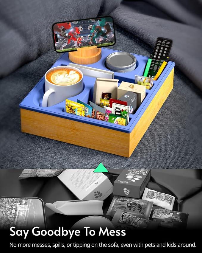 Couch Cup Holder Tray - Couch Organizer Caddy, Silicone Beach Caddy with Cup Holder, Sofa and Bed Drink Holder and Couch Tray Table for Snacks Beverage Remote (Blue)-NeatNest