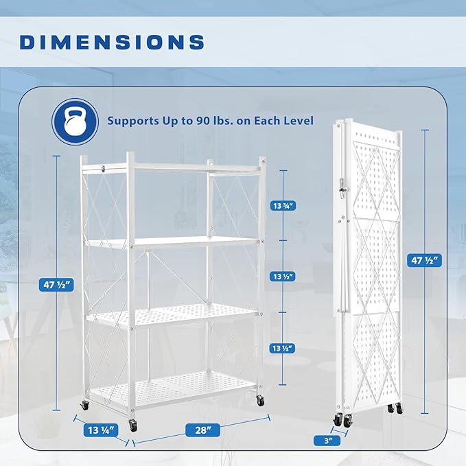 4-Tier Foldable Storage Shelf with Wheels - Metal Rack Collapsible Shelving Unit Display, Rolling Cart for Books Kitchen Storage Shelves, Pantry & Closet Organizer, Office Room Decor