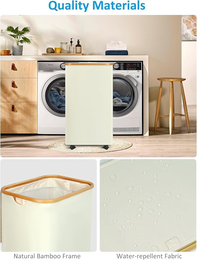 efluky Laundry Basket with Wheels, Tall Rolling Laundry Hamper with Lid and Removable Bag, Aesthetic Dirty Clothes Hamper on Wheels for Laundry Room, Bedroom, Dorm and Bathroom, 100L Beige-NeatNest