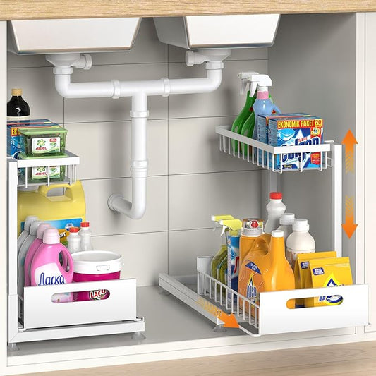 2 Pack Under Sink Organizer Storage 2-Tier Premium Metal Pull-Out Racks, Height Adjustable, Easy Installation | Kitchen & Bathroom Organizers White-NeatNest