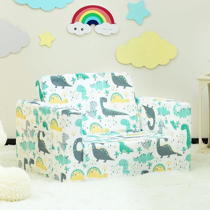 ALIMORDEN 2-in-1 Flip Out Cuddly Sherpa Toddler Couch, Convertible Sofa to Lounger, Dinosaur-NeatNest