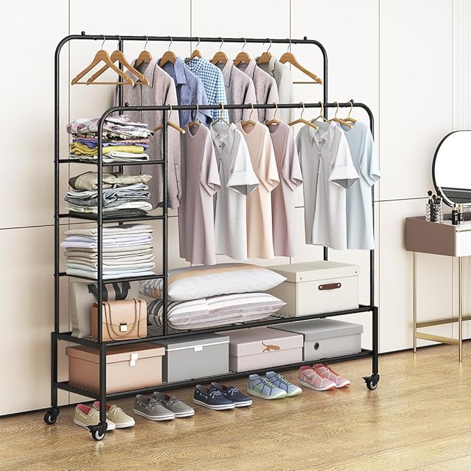 Garment Rack for Hanging Clothes Rack Heavy Duty Portable with Bottom Metal Shelf Drying Coats Shirt,Black (Black+Double Rods+Shelf)-NeatNest