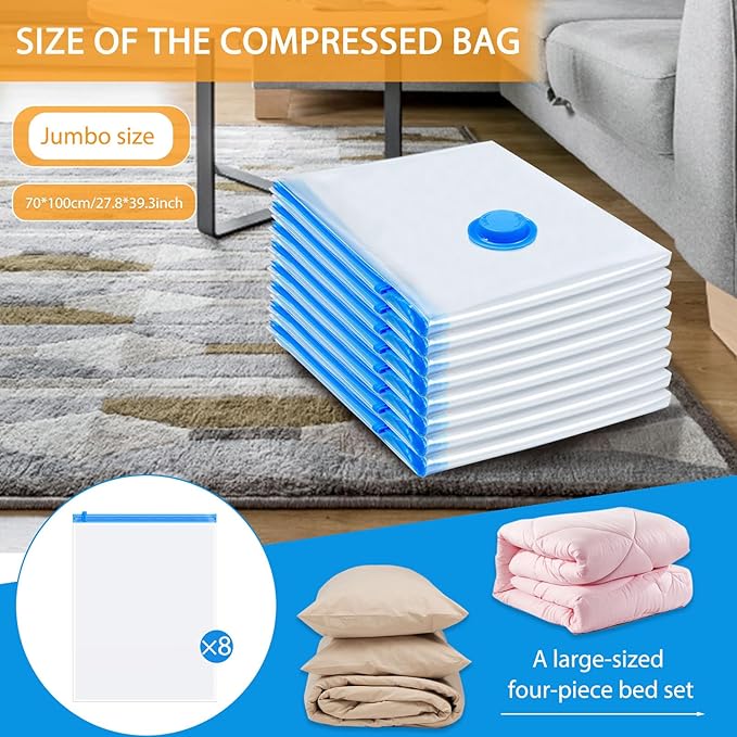 8 Pack Jumbo Vacuum Storage Bags, Vacuum Seal Bags for Clothing with Hand Pump, 80% Space Saver Bags for Clothes, Pillows, Comforters and Blankets, Home Travel Essentials-NeatNest