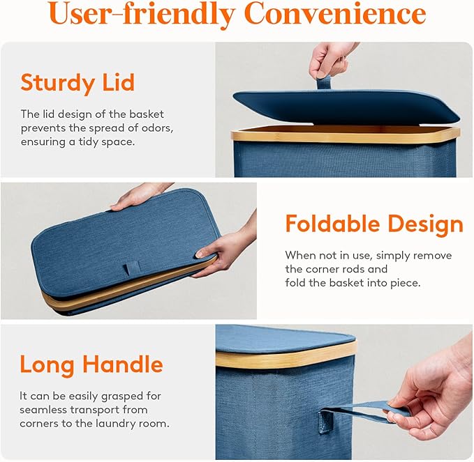 Lifewit 75L Slim Laundry Hamper with Lid, Narrow Laundry Basket with Removable Bag & Bamboo Handles, Fodable Thin Dirty Clothes Hamper for Laundry Collapsible Bin for Bathroom Bedroom Dorm, Dark Blue-NeatNest