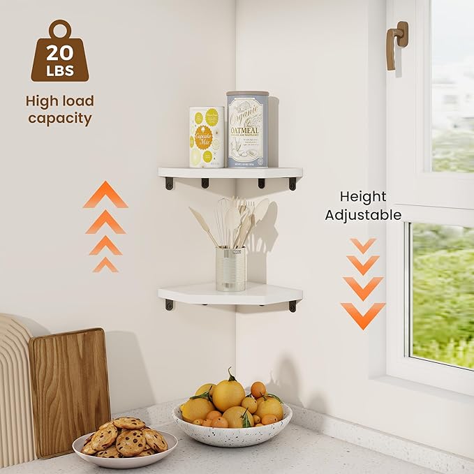 Fun Memories Corner Shelf Wall Mount Set of 2 - Solid Oak Wood Floating Corner Shelf with Cable Hole, 7in Rustic Design for Bedroom, Living Room, Kitchen (White)-NeatNest