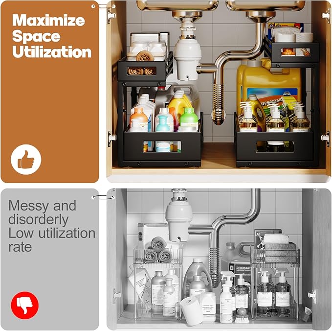 2-Pack 20.47"Deep Under Sink Organizer And Storage,2-Tier L-Shaped Pull Out Cabinet Organizer with Upgraded Slide Rails,Height Adjustable Drawers for Kitchen&Bathroom,Extra-Large Storage Shelves–Black-NeatNest