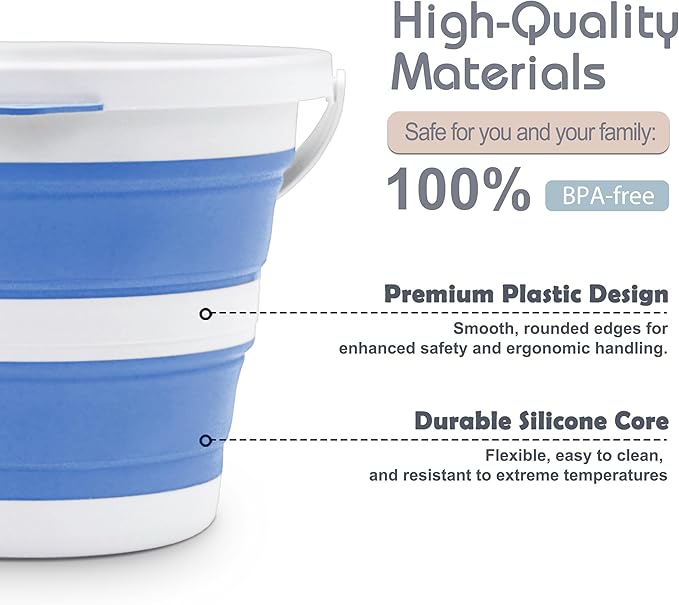 Small Collapsible Bucket 1.3 Gal/5L, Space-Efficient, Portable Foldable Water Pail for Household, Outdoor Use, Car Wash, Camping, Fishing - Blue, Single Pack-NeatNest