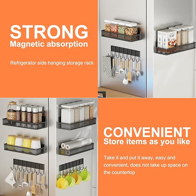 3-Pack Magnetic Spice Rack for Refrigerator - Heavy Duty Metal Kitchen Organizer with Hooks, Space-Saving Cabinet Storage, Rustproof & Easy to Clean