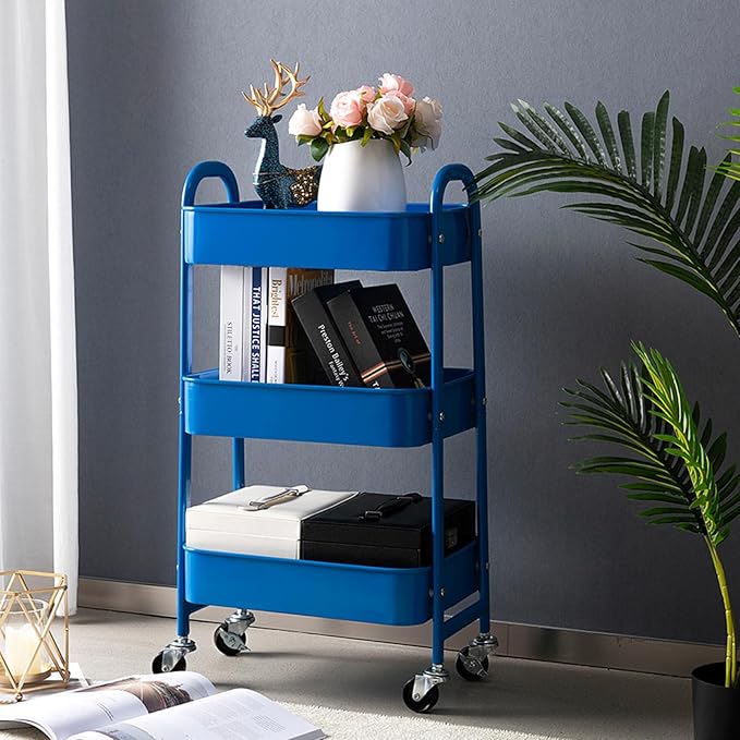 AGTEK Makeup Cart, Movable Rolling Organizer Cart,3 Tier Metal Utility Cart, Aristocratic Blue-NeatNest
