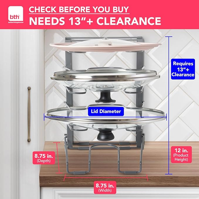 BTH Adjustable Pot Lid Organizer for Cabinet - Kitchen Storage Rack 6 Adjustable Shelves, Pot Lid Holder, Pan and Pot Rack Organizer, Pantry & Inside Cabinet Organizer (13” Clearance)-NeatNest