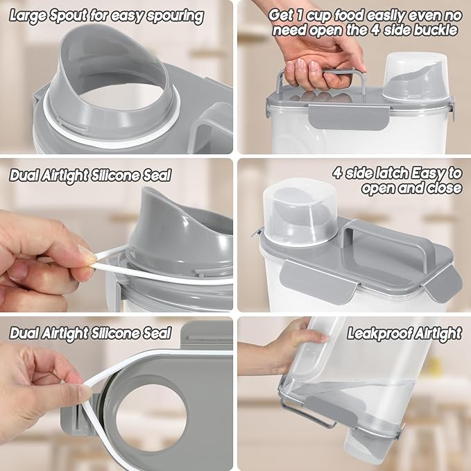 5-7Lbs Dog Cat Food Storage Container with Upgraded Large Nozzle BPA-free, 4 Snap Seals Plastic Pet Food Storage Containers with Handles (2, Light Gray, 5L)-NeatNest