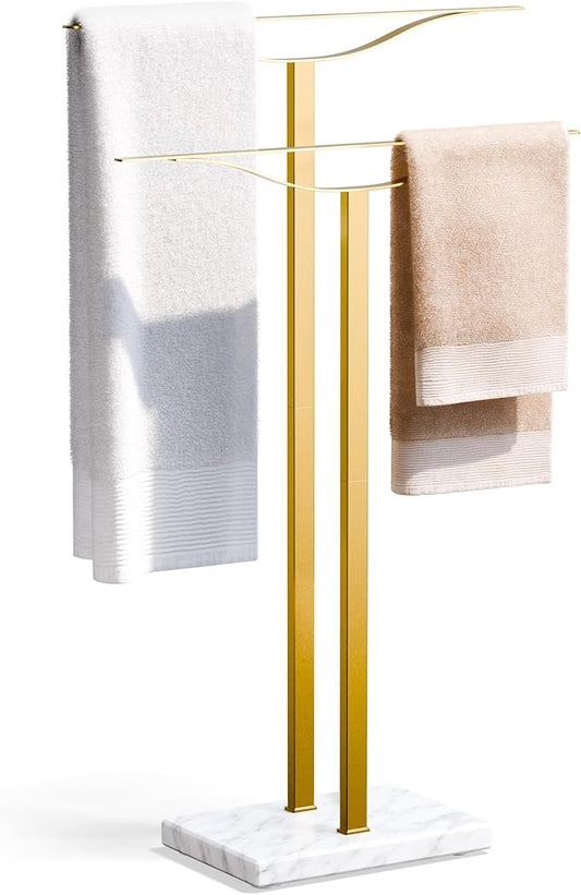 Bathroom Towel Rack Freestanding Floor Stand: Gold 33in 2‑Bar Weighted Marble Base Towel Holder, Rustproof 304 Stainless Steel Drying Rack for Bath&Hand Towels, No‑Drill Slim Organizer, Spa Pool