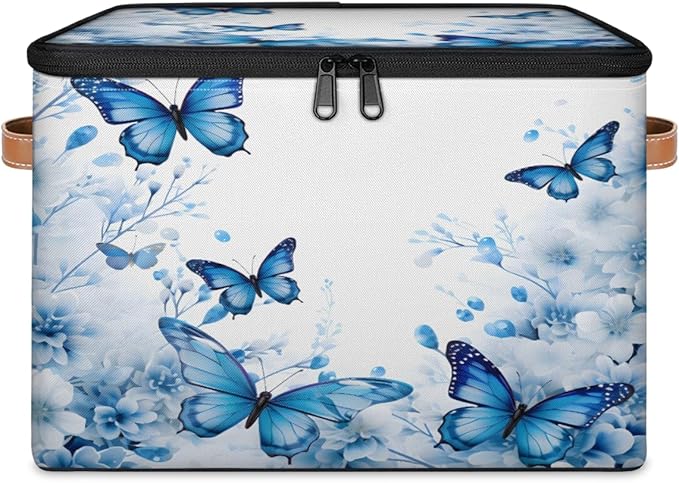 Blue Butterfly Storage Bins with Zipper Lid, Spring Floral Lidded Storage Baskets Boxes Foldable Organizer with Leather Handles for Clothes Closet Shelf Toys-NeatNest