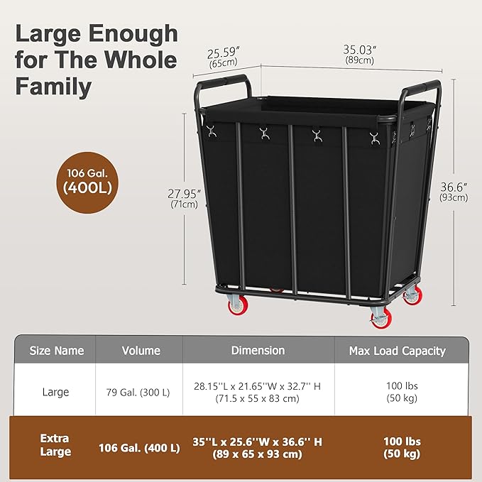 Hoctieon Large Laundry Cart with Wheels, 400L Heavy Duty Laundry Basket Organizer, Rolling Hamper Sorter for Clothes Storage, Industrial Dirty Clothes Hamper for Home & Hotel, Black-NeatNest