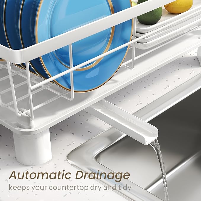 Dish Drying Rack - Small Dish Rack for Kitchen Counter, Stainless Steel Dish Drainer with Utensil Holder and Drainboard (White)