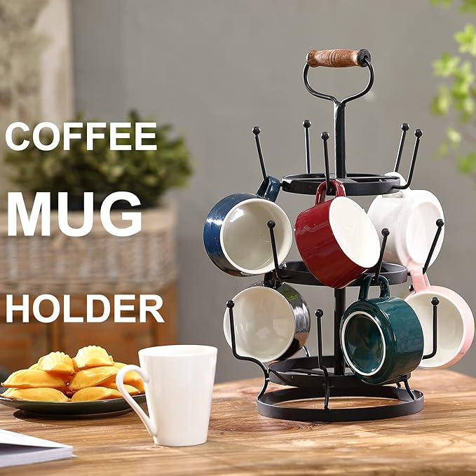 Jemeni Coffee Mug Cup Tree Rack Holder Stand for Counter with Handle, 15-Hook, Black-NeatNest