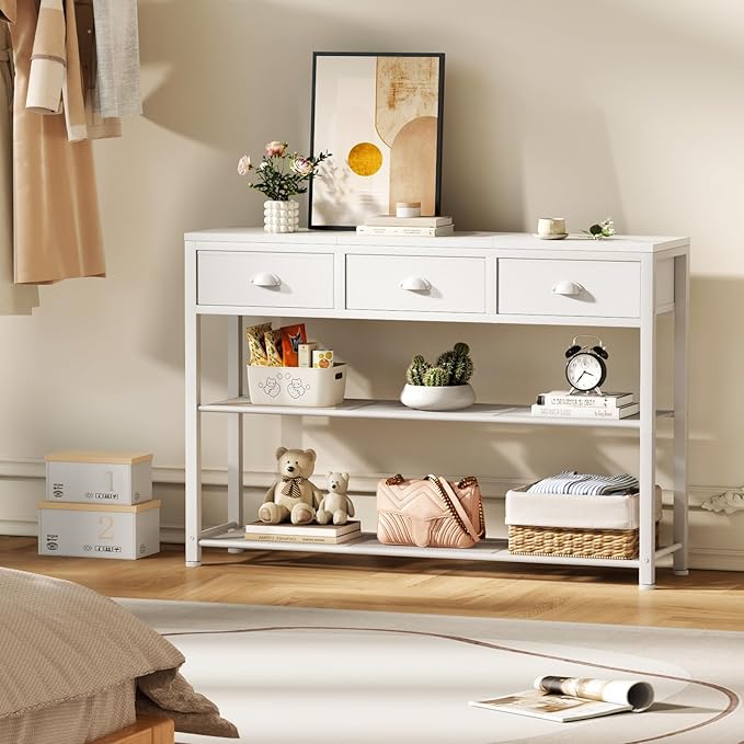 Furologee White Entryway Table, 38'' Console Sofa Table with 3 Fabric Drawers, Industrial Entry Way Table with Storage Shelves, Display Shelf for Living Room, Hallway, Entrance, Foyer-NeatNest