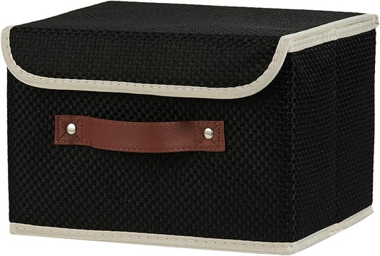 Storage Bins with Lid Fabric Storage Box Basket PU Leather Handle Textured Woven Cotton Linen Decorative Foldable Washable Shelf Closet Organizer Container (Flip-top Lid, Black, Small)-NeatNest
