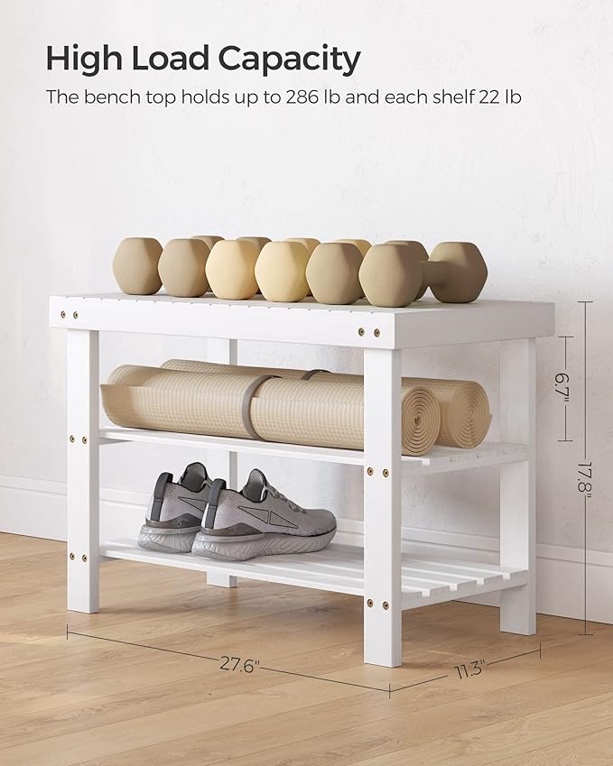 SONGMICS Shoe Rack Bench, 3-Tier Bamboo Shoe Storage Organizer, Entryway Bench, Holds Up to 286 lb, 11.3 x 27.6 x 17.8 Inches, for Entryway Bathroom Bedroom, Cloud White ULBS004W01-NeatNest