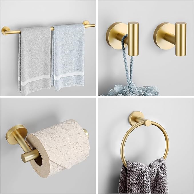 Brushed Gold Bathroom Hardware Accessories Set 4 Pieces Towel Bar Set Modern Round Towel Ring 19.68 in Towel Bar Towel Hook and Toilet Paper Holder Stainless Steel Wall Mounted-NeatNest