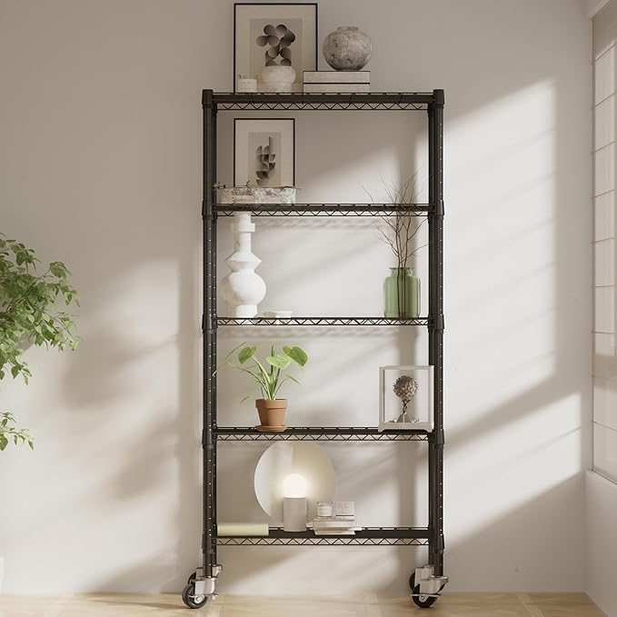 2 Pack 5 Tier Shelving Unit Wire Rack, Heavy Duty Adjustable Shelf Rolling Storage Shelves with Wheels, 14" D x 30" W x 60" H 750 lbs Capacity Kitchen Garage Pantry Shelves for Small Spaces