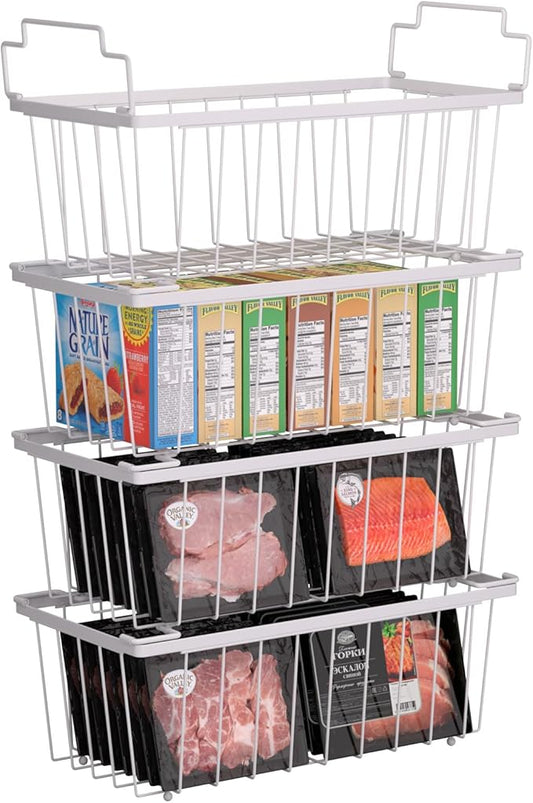 4 Pack Freezer Organizer Bins(14.6‘’L X 7.1‘’W X 5.2‘’H) for 7 Cu.FT Chest Deep Freezer Sort Frozen Meats | Deep Freezer Organizer Bins Get Food Easily w/Handle(White)