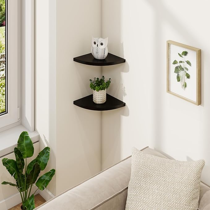 Fun Memories Corner Shelf Wall Mount, Solid Oak Wood Floating Corner Shelves with Cable Hole, 7in Rustic Design for Bedroom, Bathroom, Kitchen, Living Room (Black, 1 Pack)-NeatNest