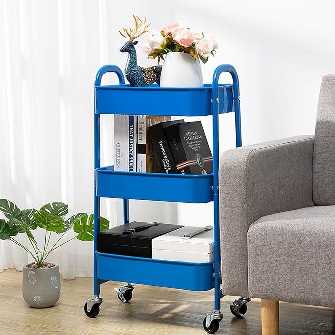 AGTEK Makeup Cart, Movable Rolling Organizer Cart,3 Tier Metal Utility Cart, Aristocratic Blue-NeatNest
